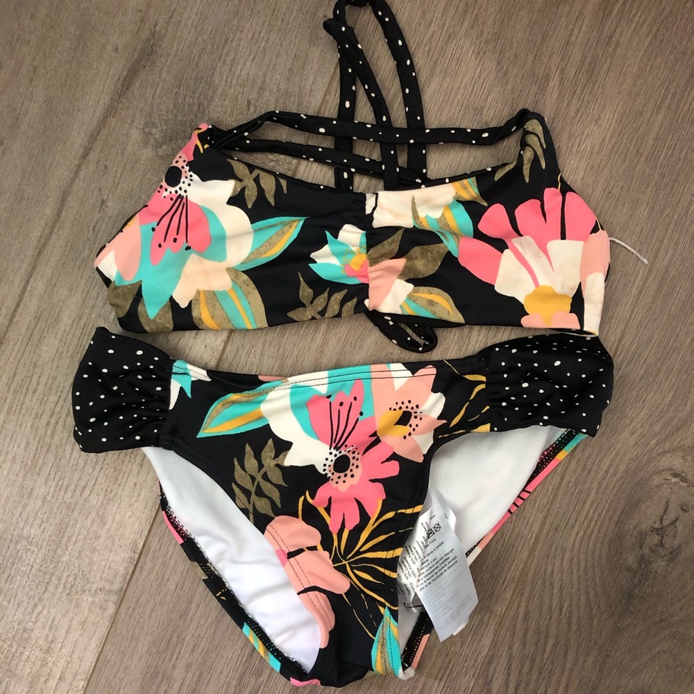 Billabong Girls Black Floral Bikini with Pink, Teal & Yellow